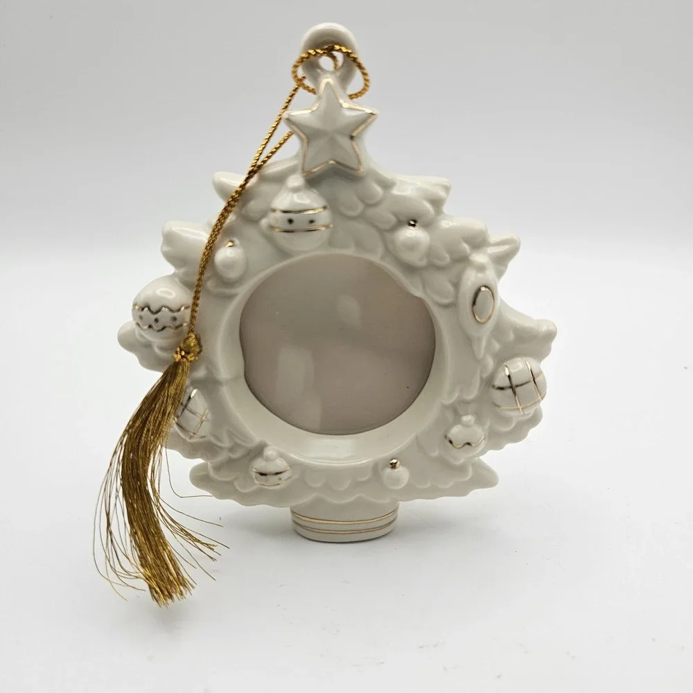 Lenox Christmas Tree Frame Ornament Porcelain Ivory & Gold Handcrafted 2003